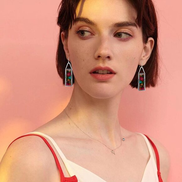 Red Handmade Bohemian Tribal Retro Colorful Square Bar Dangle Drop Earring - Picture 4 of 6